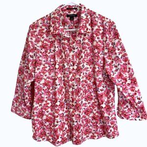 Land's End Women's Blouse Floral 3/4 Sleeve Button Down No Iron Woven Cotton, 16